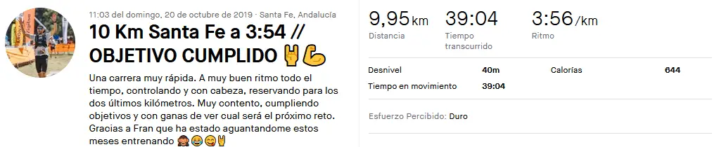 Foto strava con los resultados de un 10k sub 40